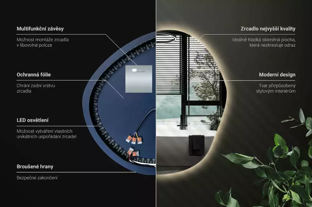 Nepravidelné zrcadlo s led osvětlením ve tvaru mraku