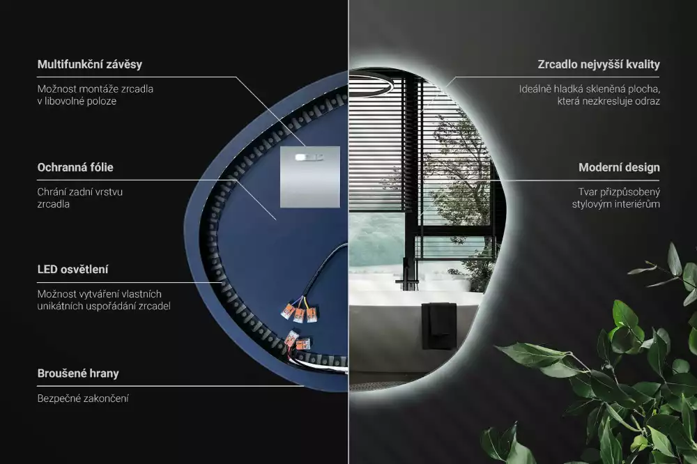 Nepravidelné zrcadlo s led osvětlením ve tvaru mraku