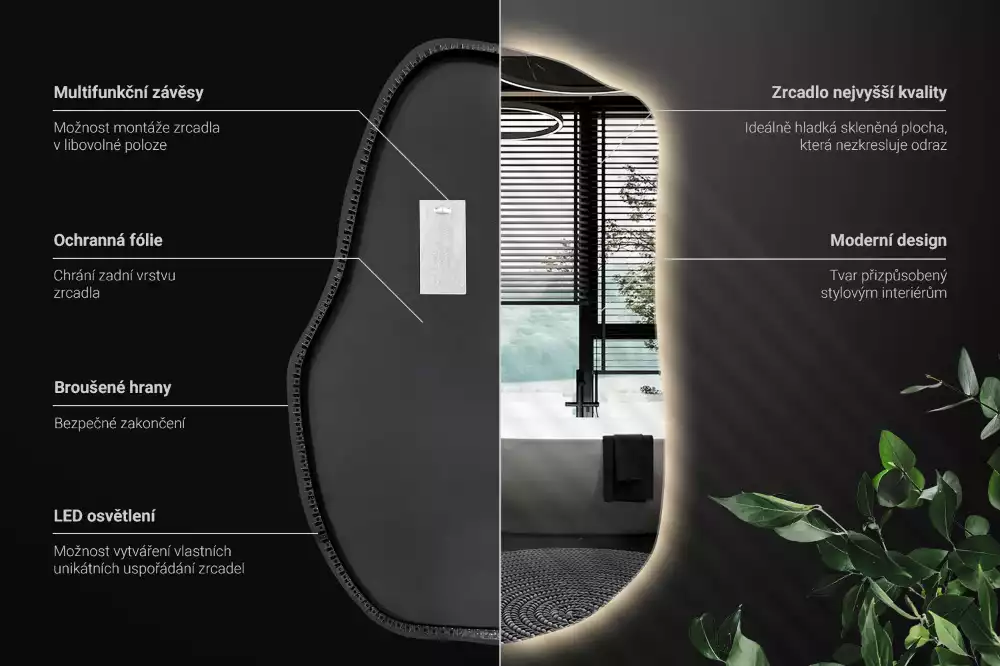 Atypické zrcadlo s osvětlením unikátní