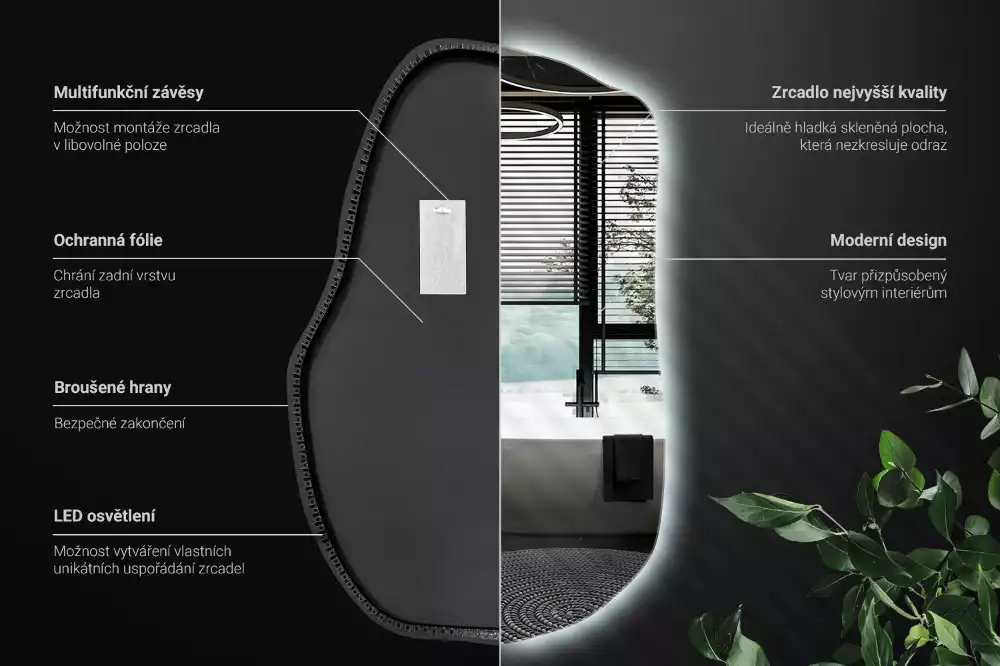 Atypické zrcadlo s osvětlením unikátní