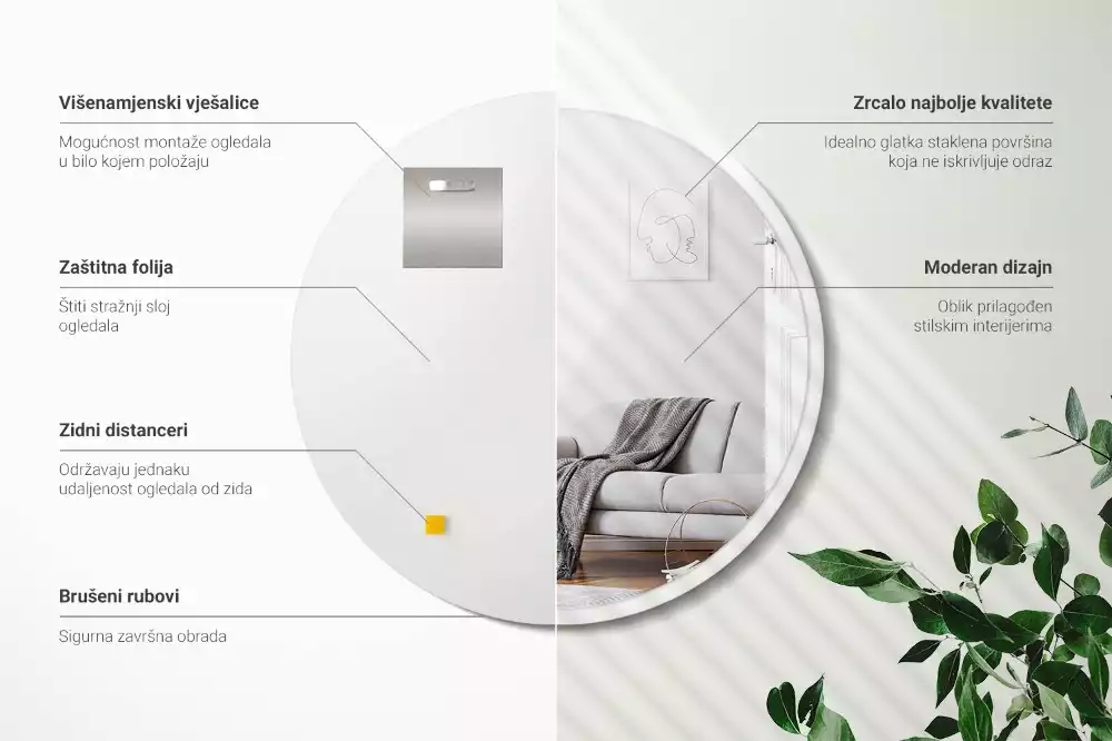 Kulaté zrcadlo na zeď v bílém rámu