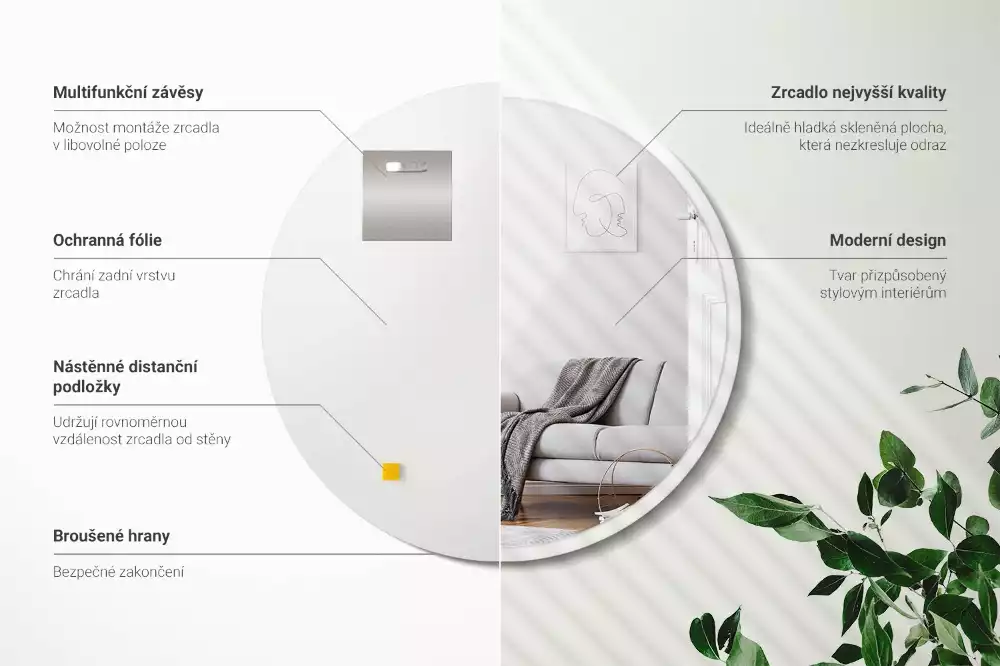 Kulaté zrcadlo na zeď v bílém rámu