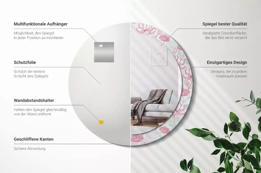 Kulaté dekorační zrcadlo Květiny