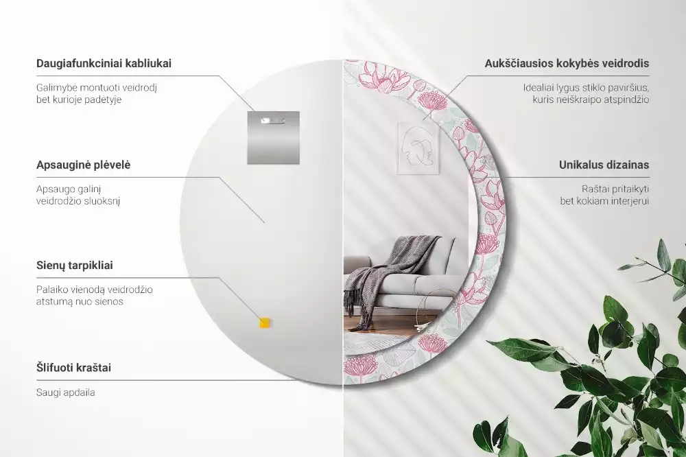 Kulaté dekorační zrcadlo Květiny