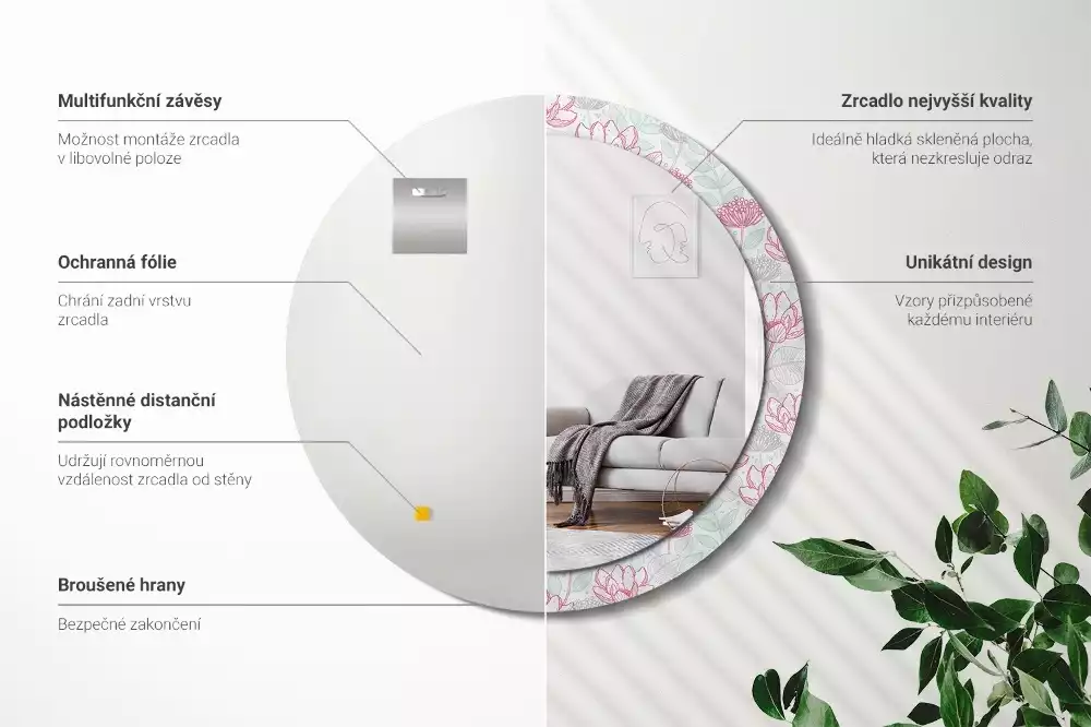 Kulaté dekorační zrcadlo Květiny