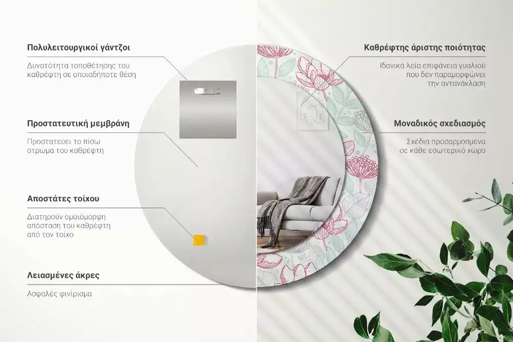 Kulaté dekorační zrcadlo Květiny