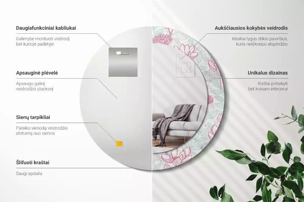 Kulaté dekorační zrcadlo Květiny