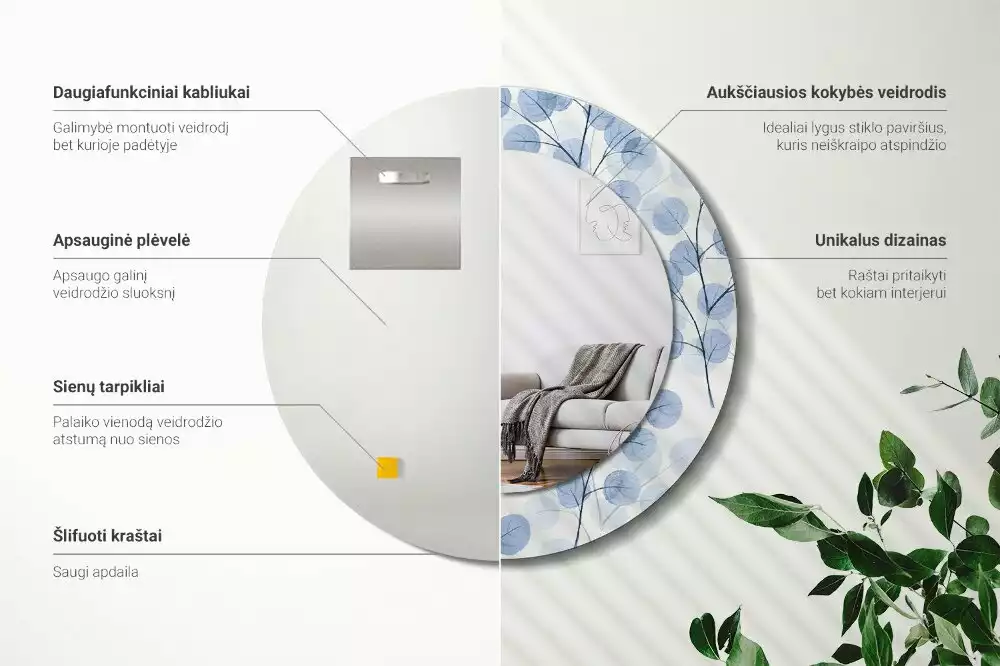 Kulaté dekorační zrcadlo Větve listy