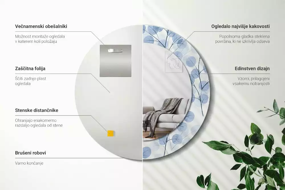 Kulaté dekorační zrcadlo Větve listy