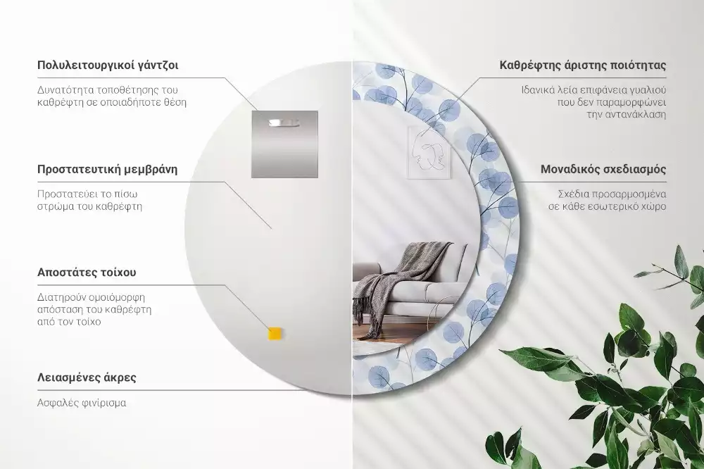 Kulaté dekorační zrcadlo Větve listy