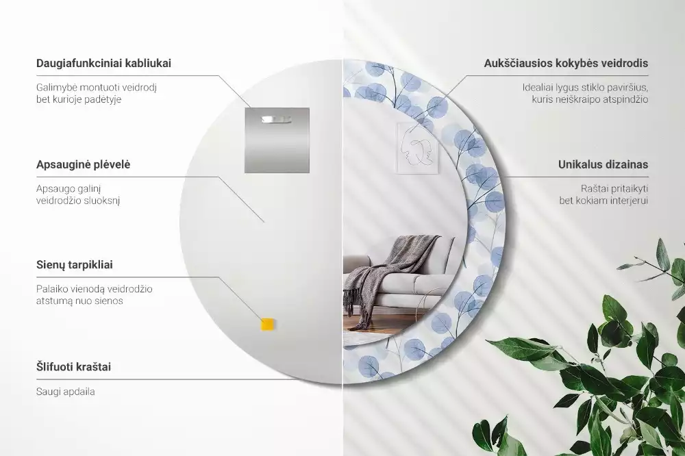 Kulaté dekorační zrcadlo Větve listy