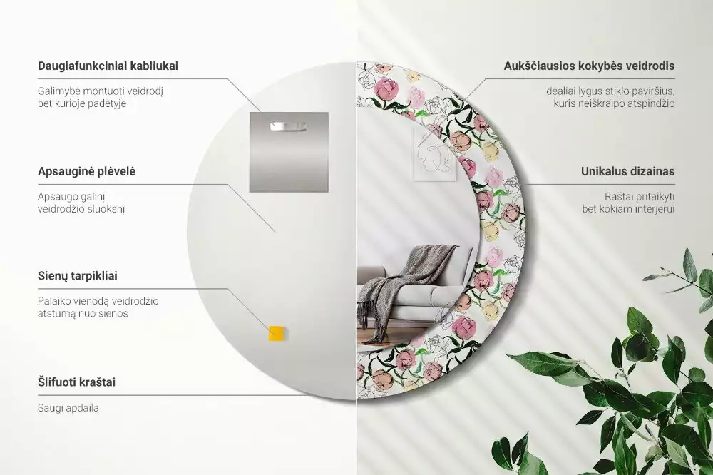 Kulaté dekorační zrcadlo Pupeny pivoňky