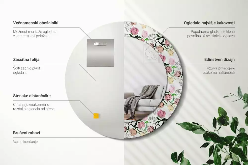 Kulaté dekorační zrcadlo Pupeny pivoňky