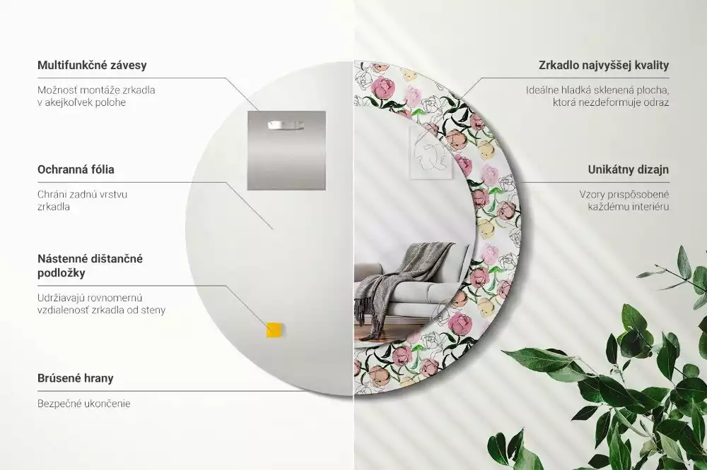 Kulaté dekorační zrcadlo Pupeny pivoňky