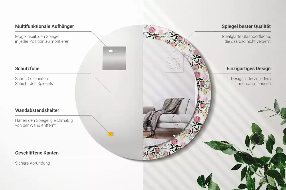 Kulaté dekorační zrcadlo Pupeny pivoňky