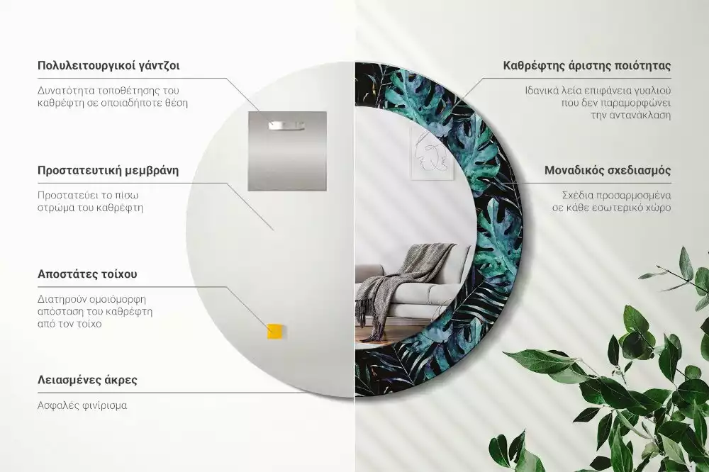 Kulaté dekorační zrcadlo na zeď Exotické listy