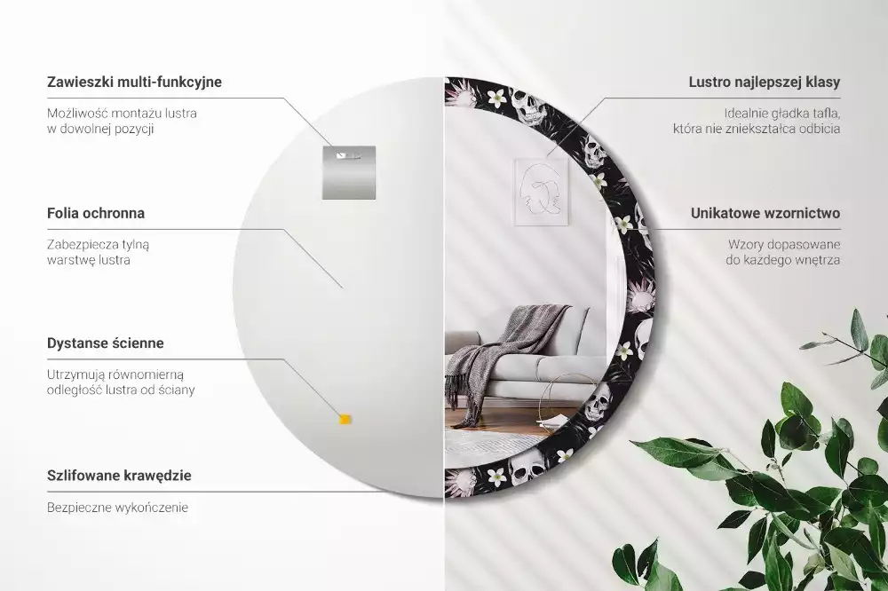 Kulaté dekorační zrcadlo na zeď Květiny lebky