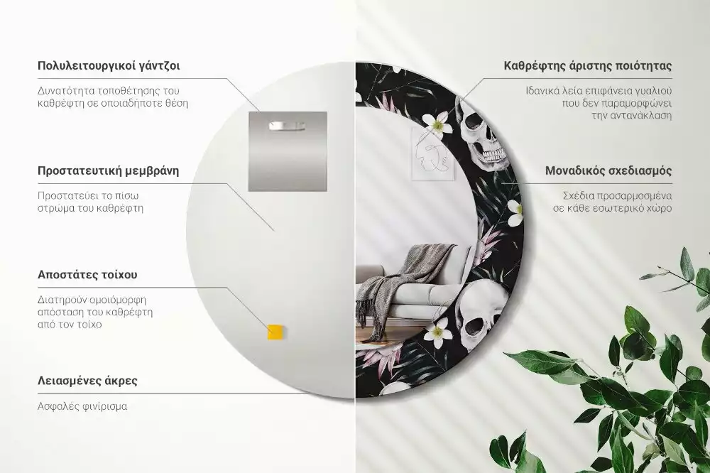 Kulaté dekorační zrcadlo na zeď Květiny lebky