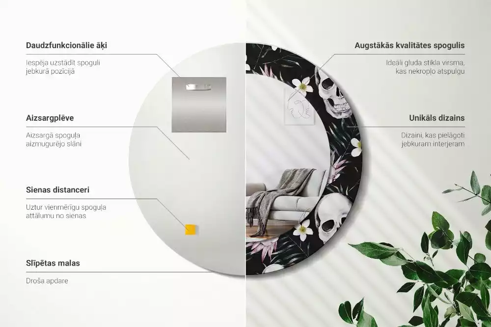 Kulaté dekorační zrcadlo na zeď Květiny lebky