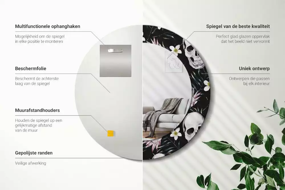 Kulaté dekorační zrcadlo na zeď Květiny lebky