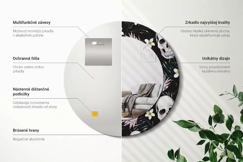 Kulaté dekorační zrcadlo na zeď Květiny lebky