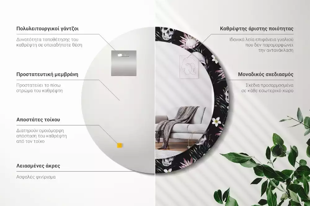 Kulaté dekorační zrcadlo na zeď Květiny lebky