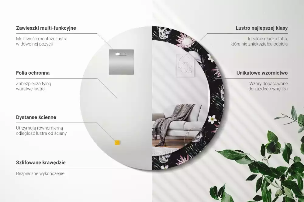 Kulaté dekorační zrcadlo na zeď Květiny lebky