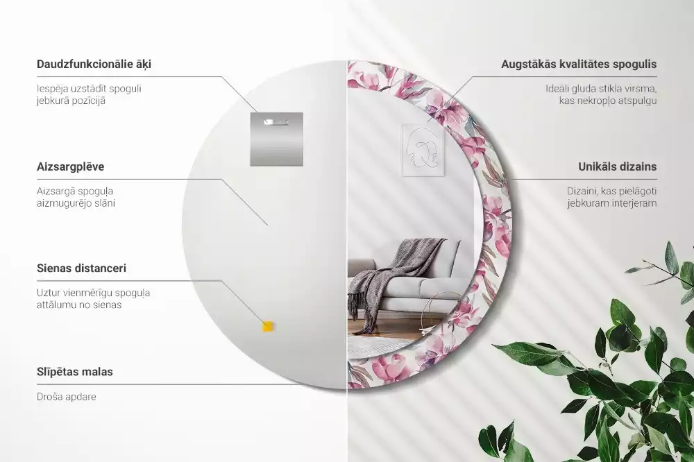 Kulaté dekorační zrcadlo na zeď Květiny pivoňky