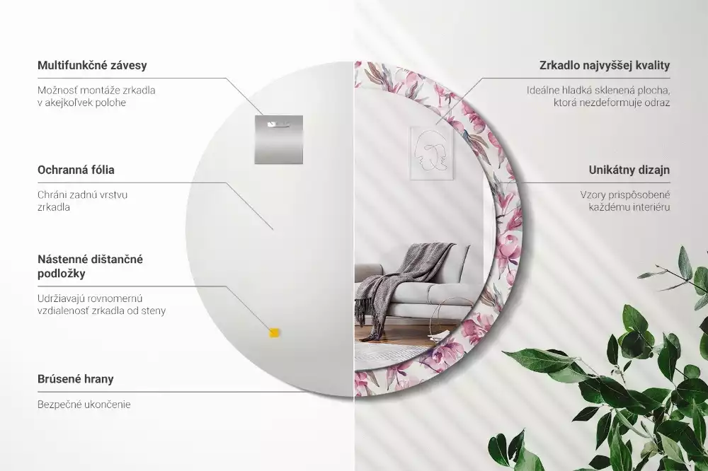 Kulaté dekorační zrcadlo na zeď Květiny pivoňky