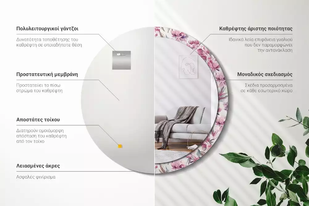 Kulaté dekorační zrcadlo na zeď Květiny pivoňky