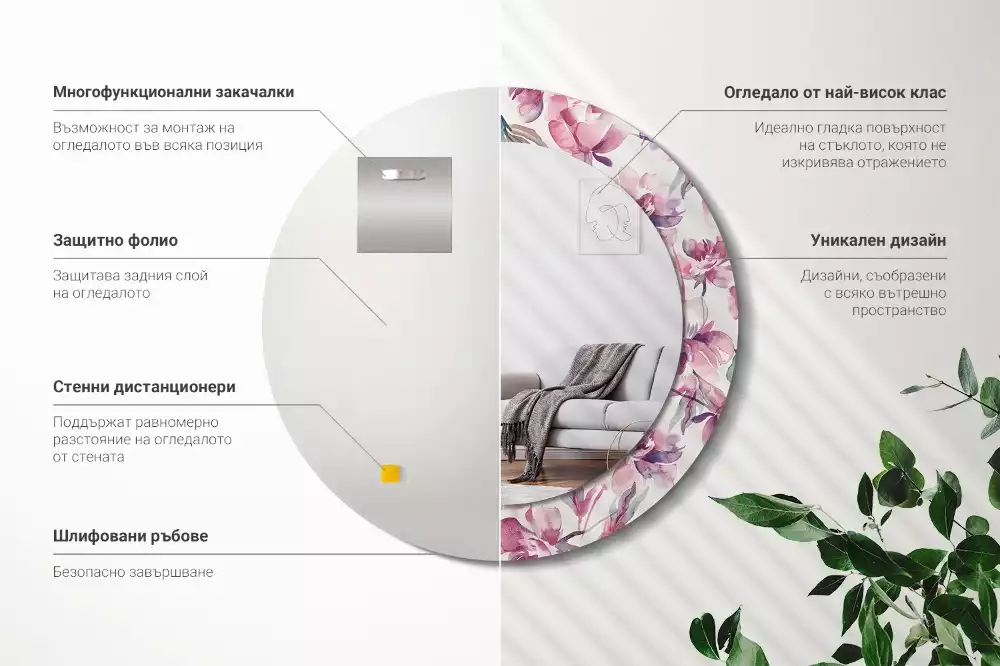 Kulaté dekorační zrcadlo na zeď Květiny pivoňky