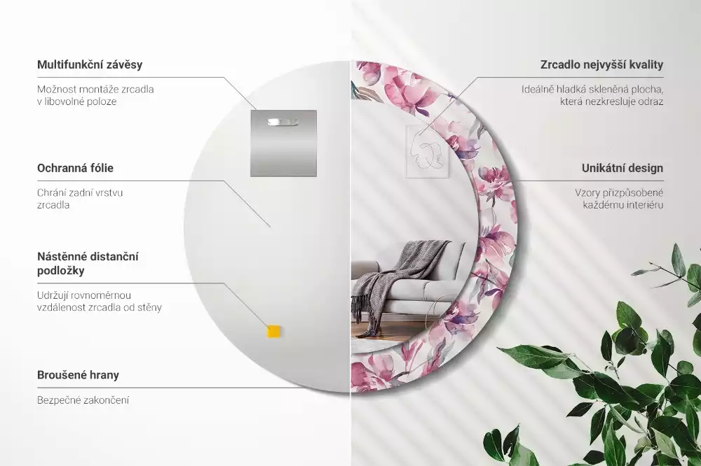 Kulaté dekorační zrcadlo na zeď Květiny pivoňky