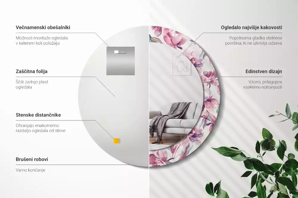 Kulaté dekorační zrcadlo na zeď Květiny pivoňky