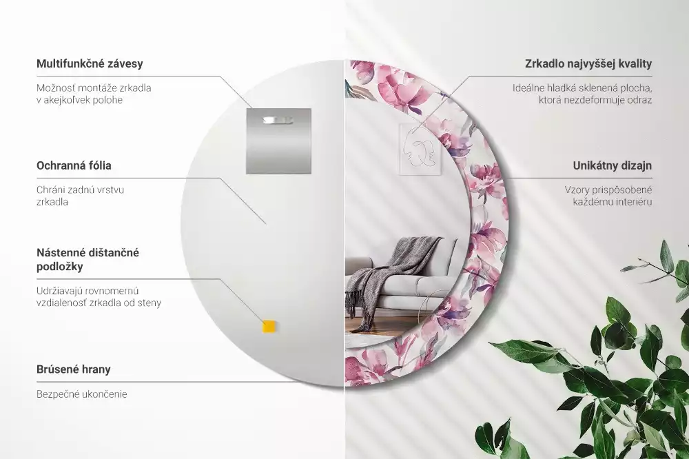 Kulaté dekorační zrcadlo na zeď Květiny pivoňky