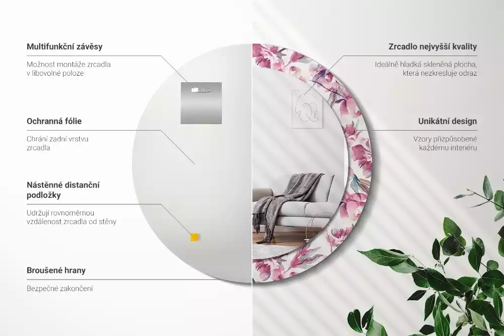 Kulaté dekorační zrcadlo na zeď Květiny pivoňky