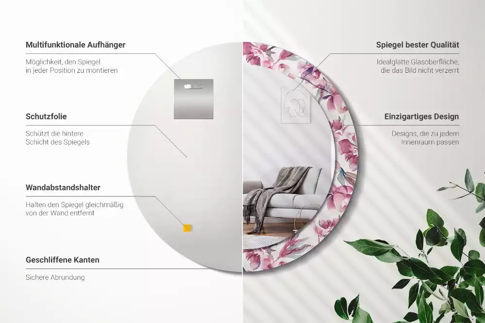 Kulaté dekorační zrcadlo na zeď Květiny pivoňky