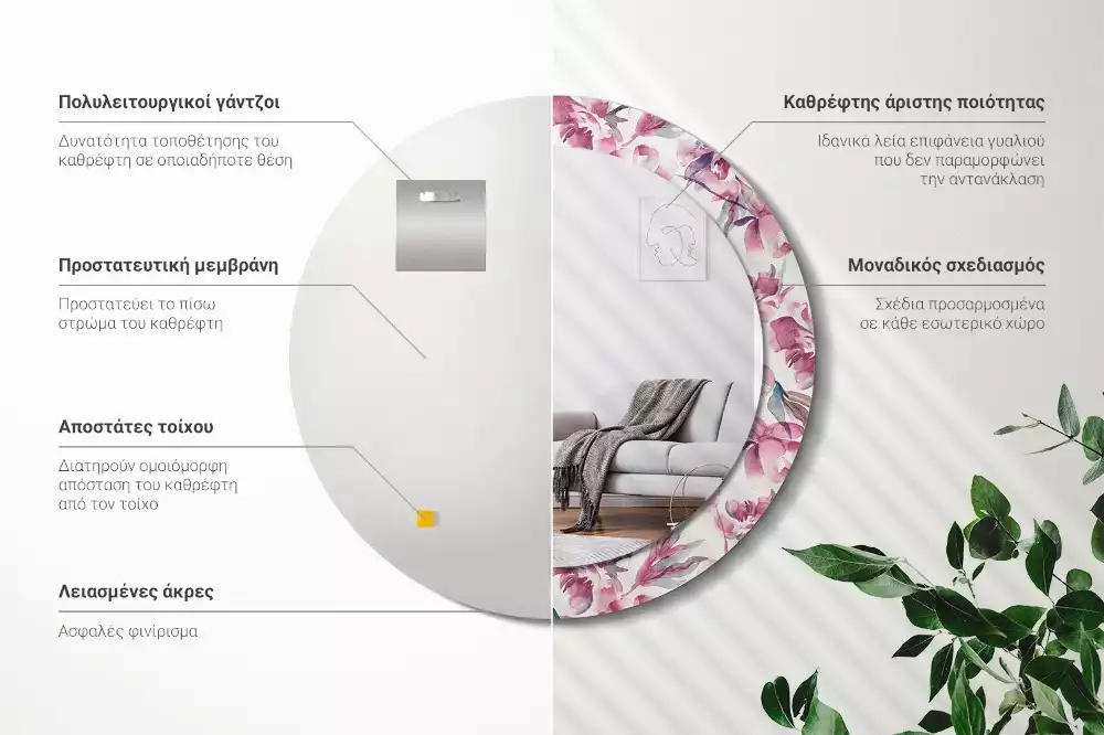 Kulaté dekorační zrcadlo na zeď Květiny pivoňky