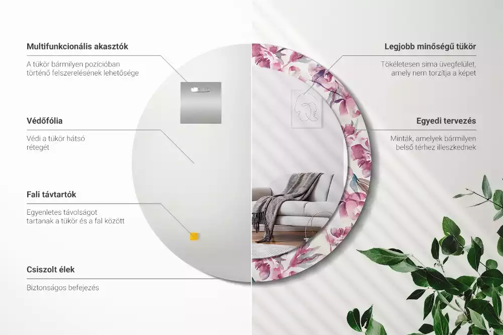 Kulaté dekorační zrcadlo na zeď Květiny pivoňky