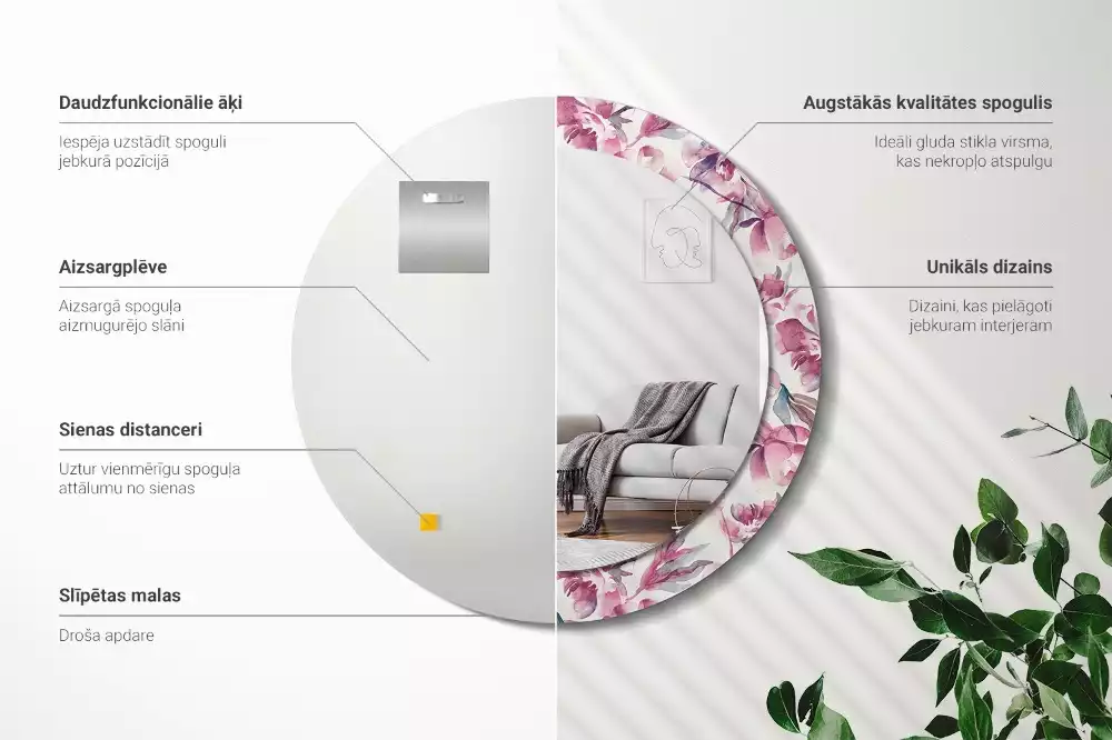 Kulaté dekorační zrcadlo na zeď Květiny pivoňky