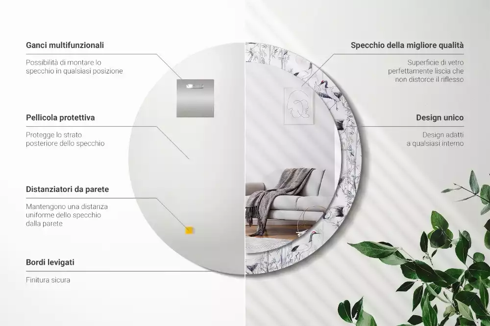 Kulaté dekorační zrcadlo Jeřáb ptáci