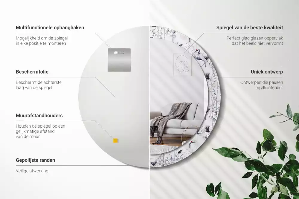 Kulaté dekorační zrcadlo Jeřáb ptáci