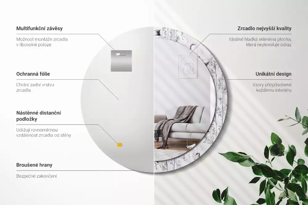 Kulaté dekorační zrcadlo Jeřáb ptáci