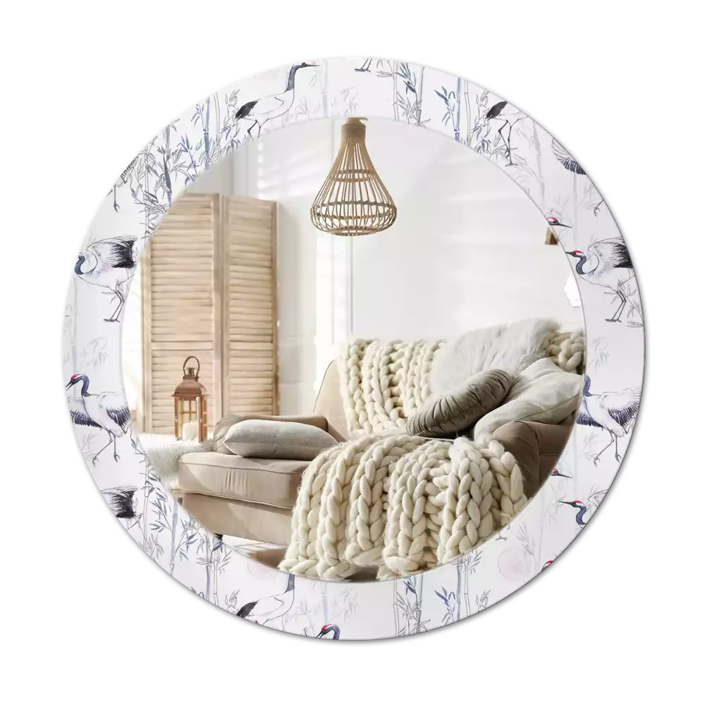 Kulaté dekorační zrcadlo Jeřáb ptáci