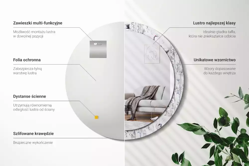 Kulaté dekorační zrcadlo Jeřáb ptáci