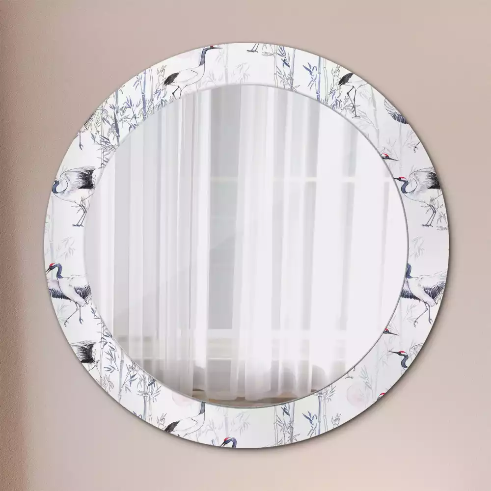 Kulaté dekorační zrcadlo Jeřáb ptáci