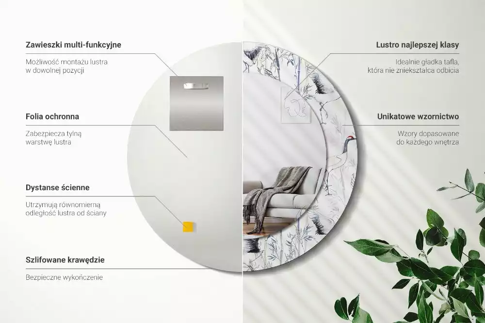 Kulaté dekorační zrcadlo Jeřáb ptáci