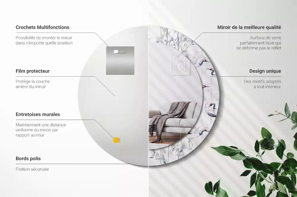 Kulaté dekorační zrcadlo Jeřáb ptáci