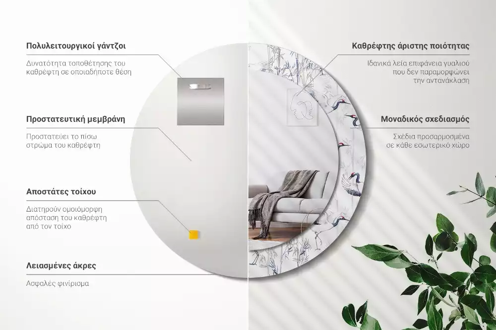 Kulaté dekorační zrcadlo Jeřáb ptáci