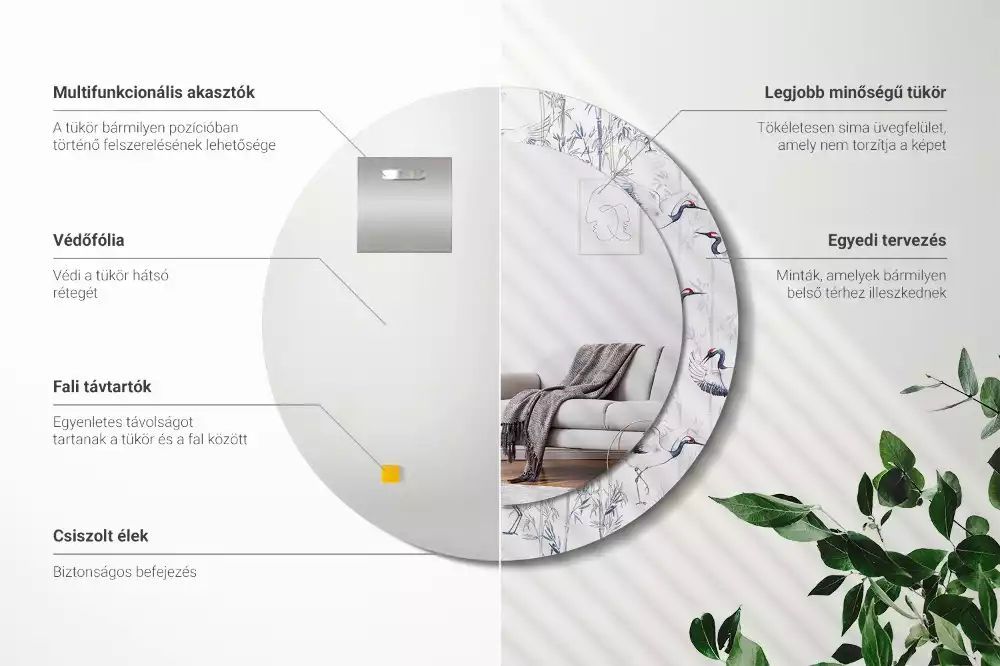 Kulaté dekorační zrcadlo Jeřáb ptáci