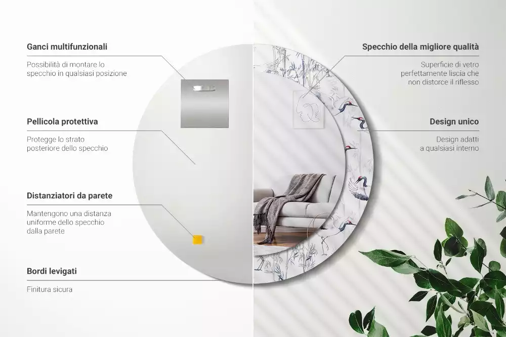 Kulaté dekorační zrcadlo Jeřáb ptáci